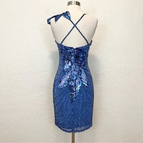 Vintage NiteLine Dress Blue Silk Chiffon Beaded Sequins 70s 80s Party XS S - Picture 7 of 11